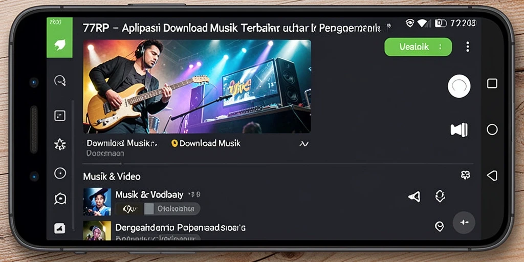 Tampilan antarmuka pengguna aplikasi 77RP untuk Download Musik.