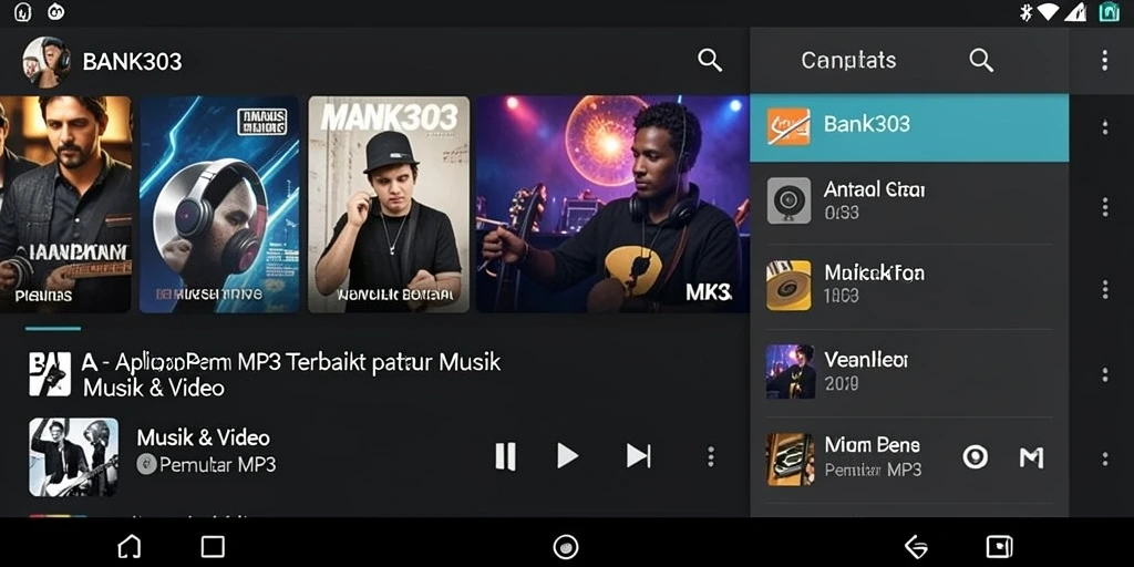 Tampilan antarmuka aplikasi Pemutar MP3 BANK303 yang sederhana dan menarik.