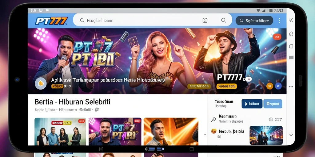 Antarmuka PT777 menampilkan berita selebriti terbaru dengan desain yang menarik.